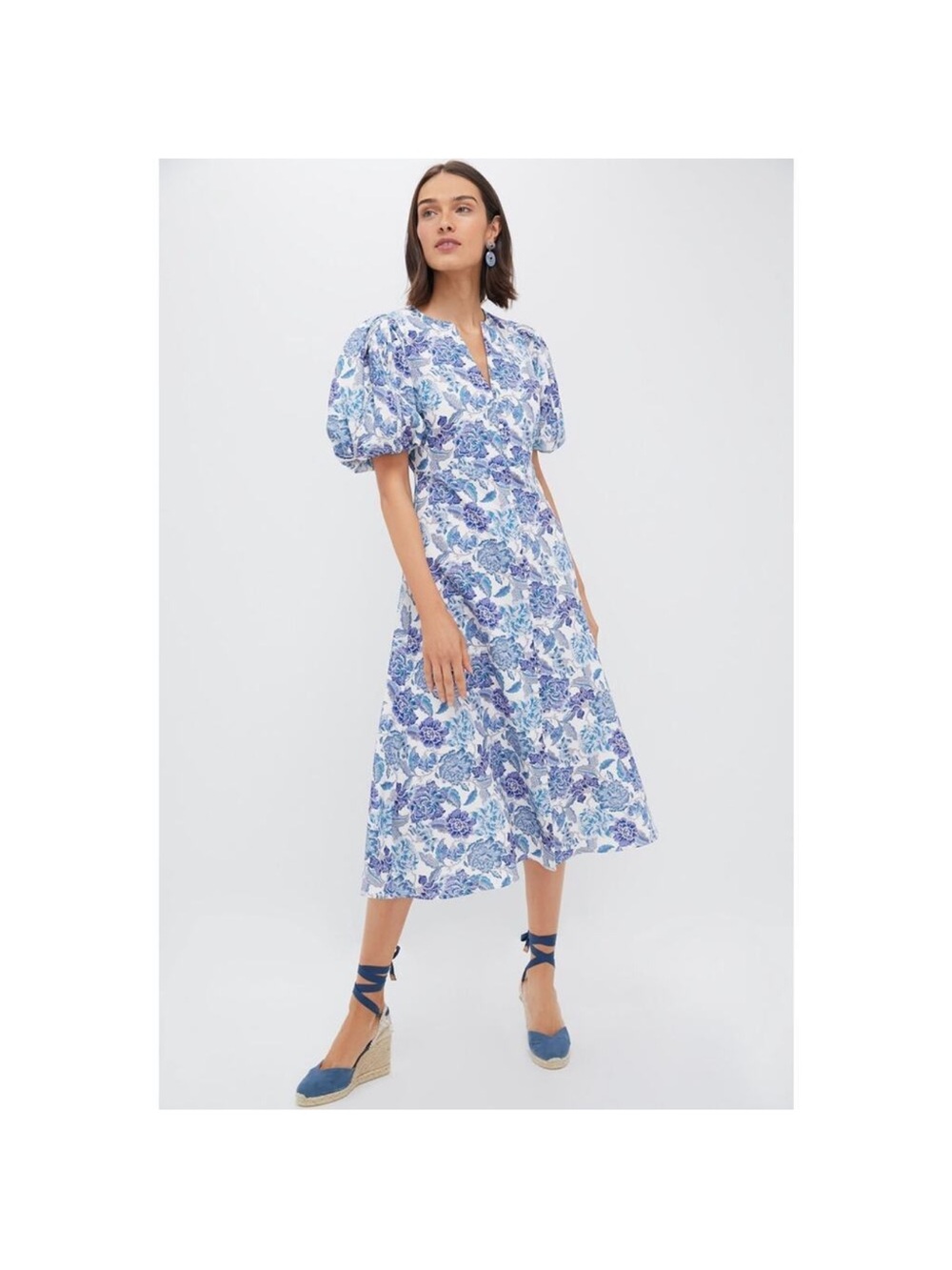 Tuckernuck Blue and White Floral Puff-Sleeve Midi Dress NWT